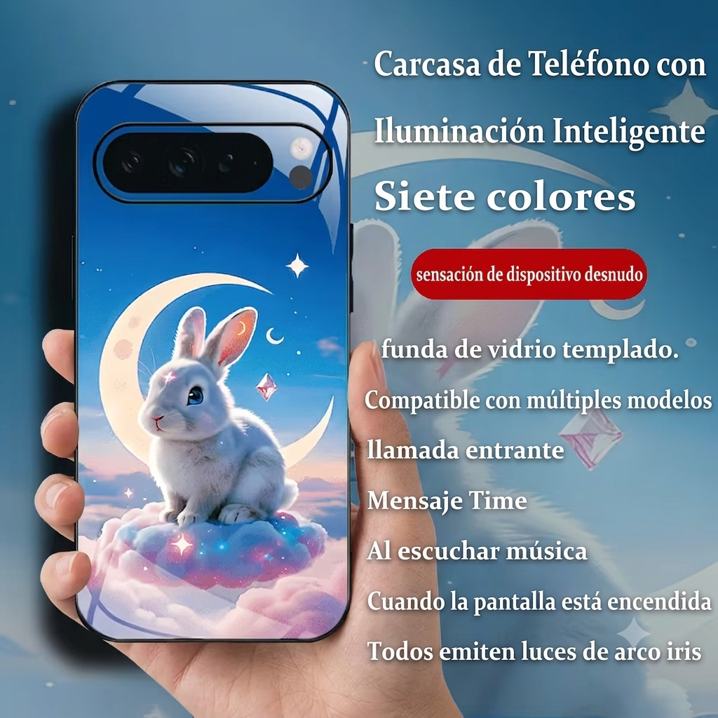 Funda inteligente Google Pixel — diseño conejo blanco con luna creciente, vidrio templado, iluminación 7 colores arco iris