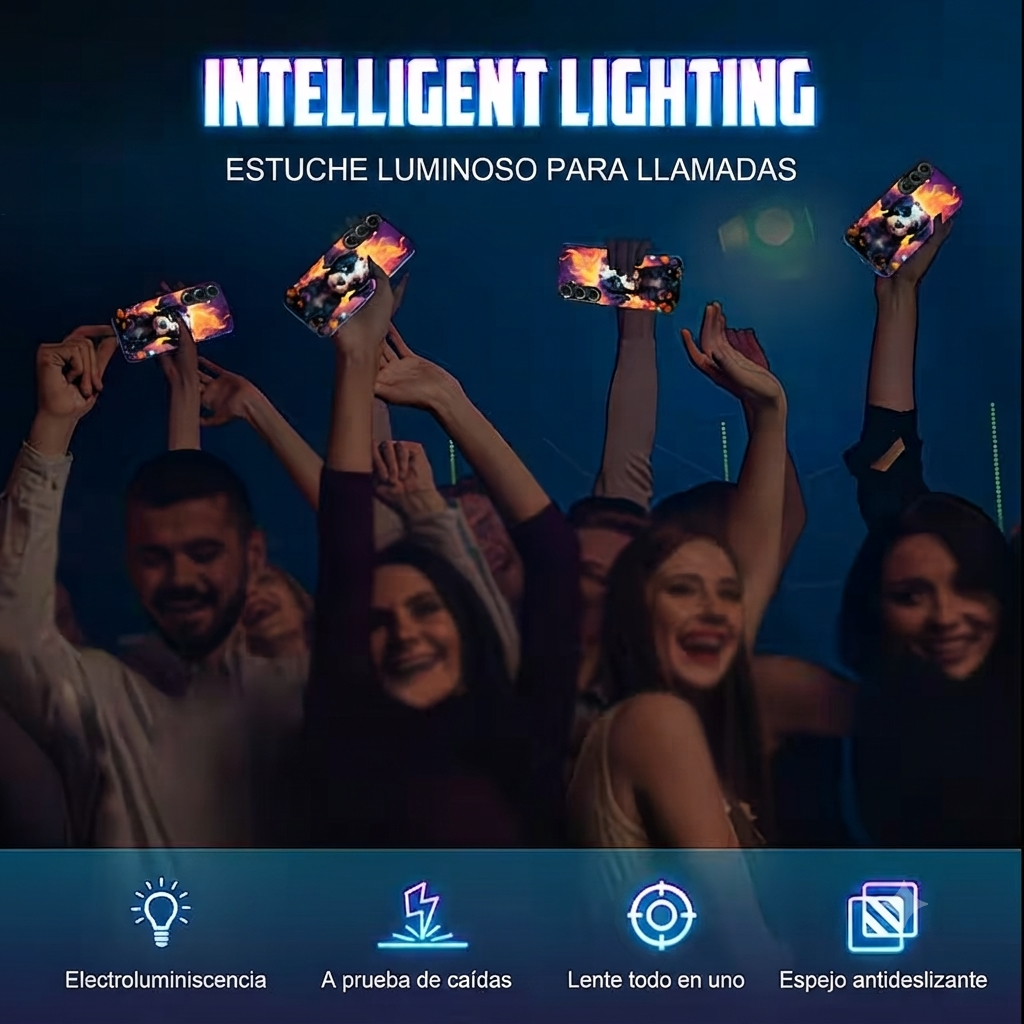 Fundas para teléfono luminosas que cambian de color al ritmo de la música.
Smart phone cases with LED light effect and 2 included screen protectors.