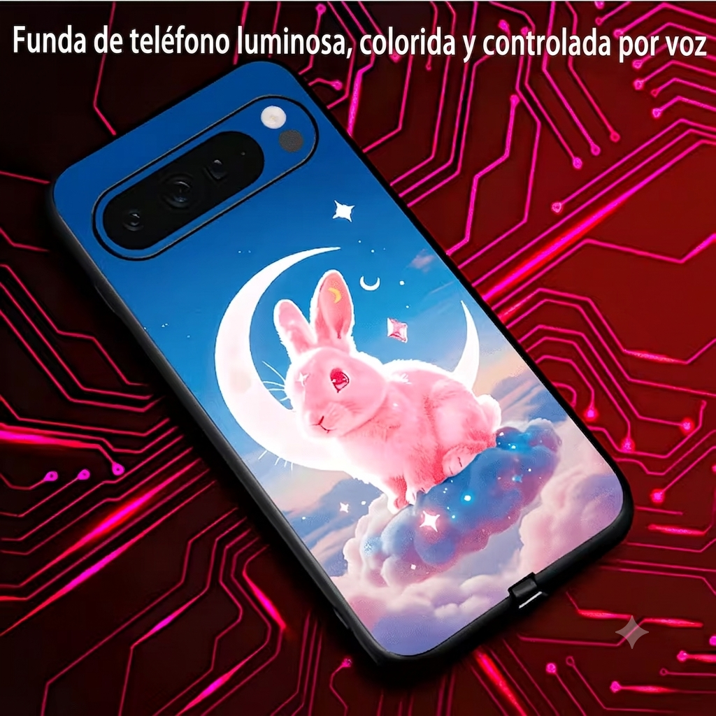 Funda luminosa Google Pixel con control de voz — conejo rosa con luna, funda colorida controlada por voz