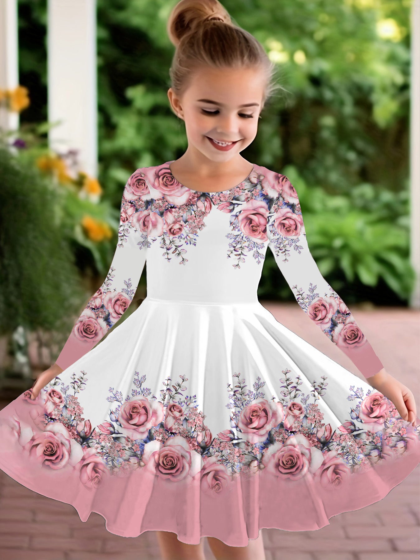 Vestido de Rosas Rosadas para Niña | Falda Giratoria, Mangas Largas, Estampado Floral | Tallas 5-6 a 13-14 Años