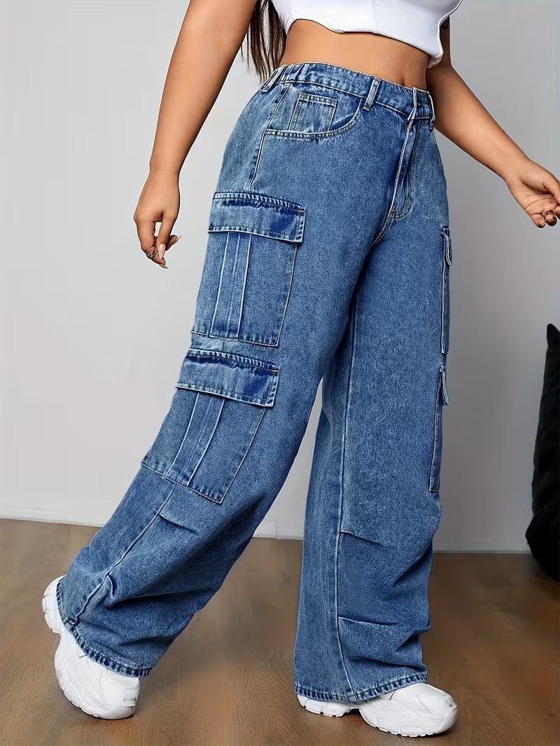 Pantalones cargo de mezclilla azules para mujer, tallas grandes