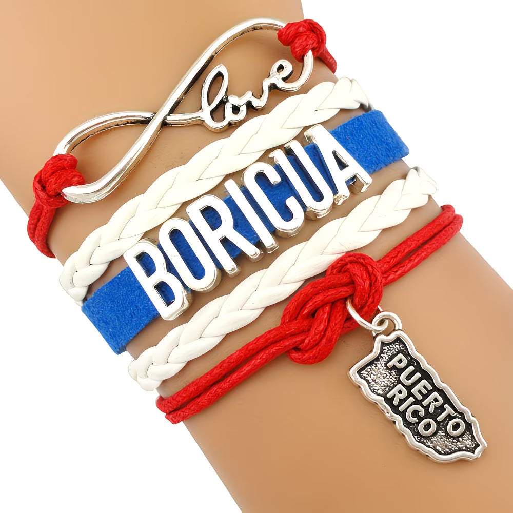 Pulsera Boricua Puerto Rico | Mapa y Corazón | Cuero Trenzado Rojo Blanco Azul | Unisex
