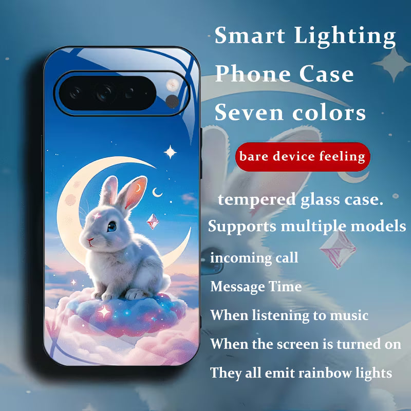 Funda inteligente Google Pixel — diseño conejo blanco con luna creciente, vidrio templado, iluminación 7 colores arco iris