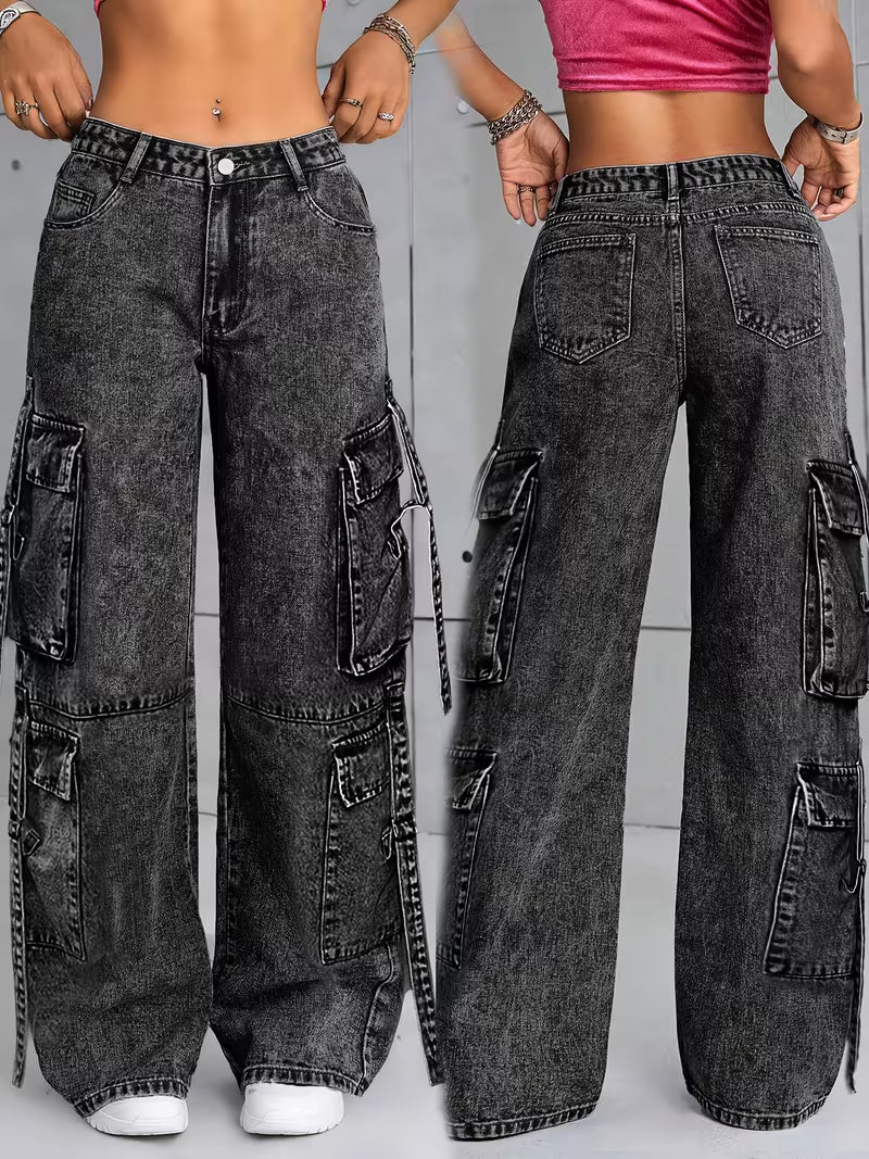 Jeans cargo negros para mujer de pierna ancha con tiras decorativas