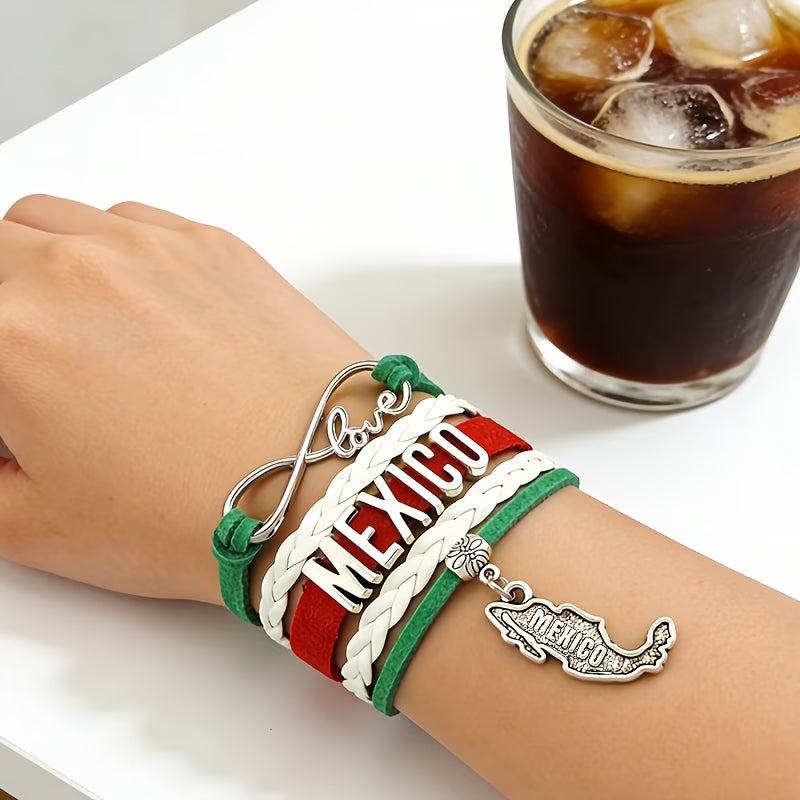 Pulsera México Love Infinity | Cuero Trenzado Verde Blanco Rojo | Dije Mapa México | Unisex