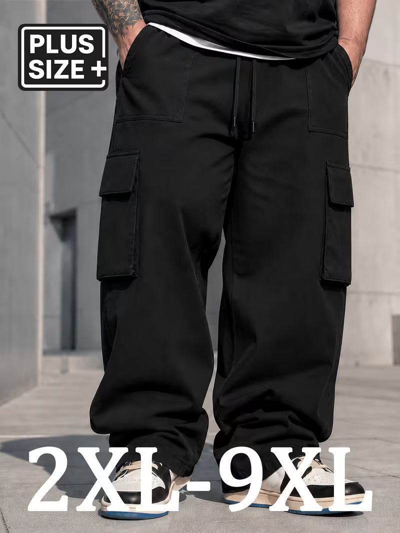 Pantalón cargo negro para hombre en tallas grandes 2XL a 9XL, vista frontal.
