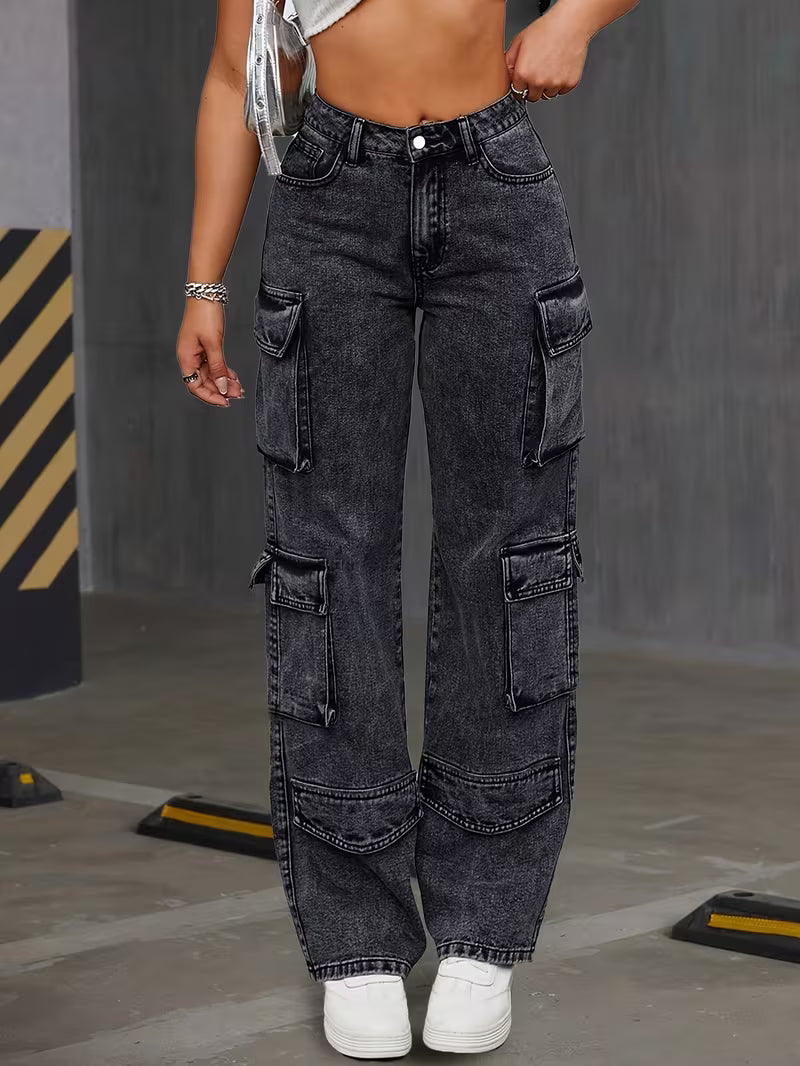 Jeans cargo negros para mujer de pierna recta, tallas grandes