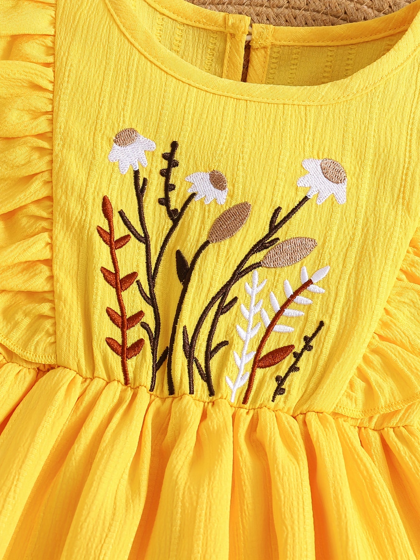 Vestido Romper Amarillo para Bebé | Bordado de Flores, Volantes y Diadema | Tallas 1-3M a 12-18M
