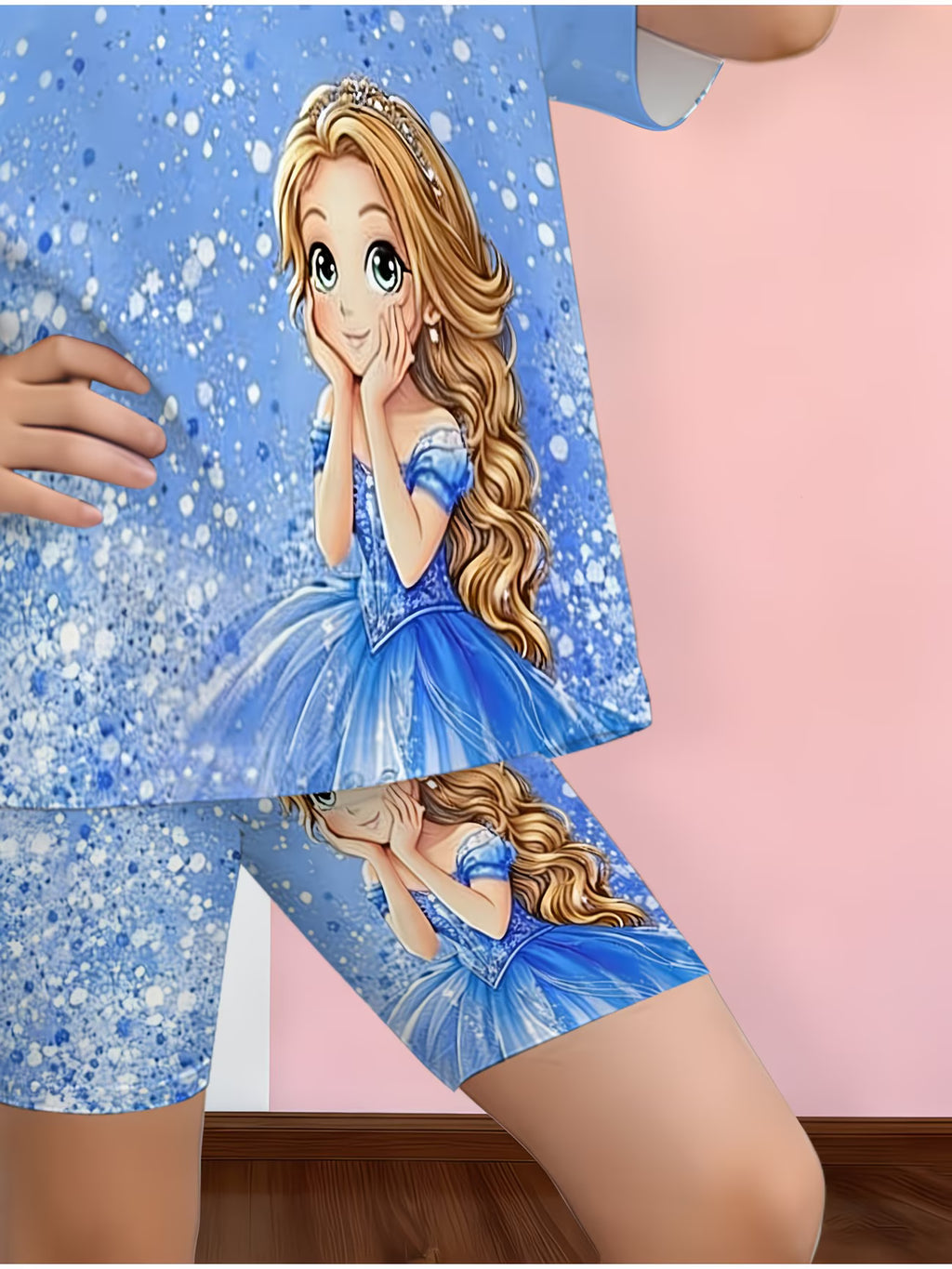 Conjunto de Camiseta y Shorts para Niña | Estampado 3D Princesa Azul | Tallas 1-2 a 13-14 Años