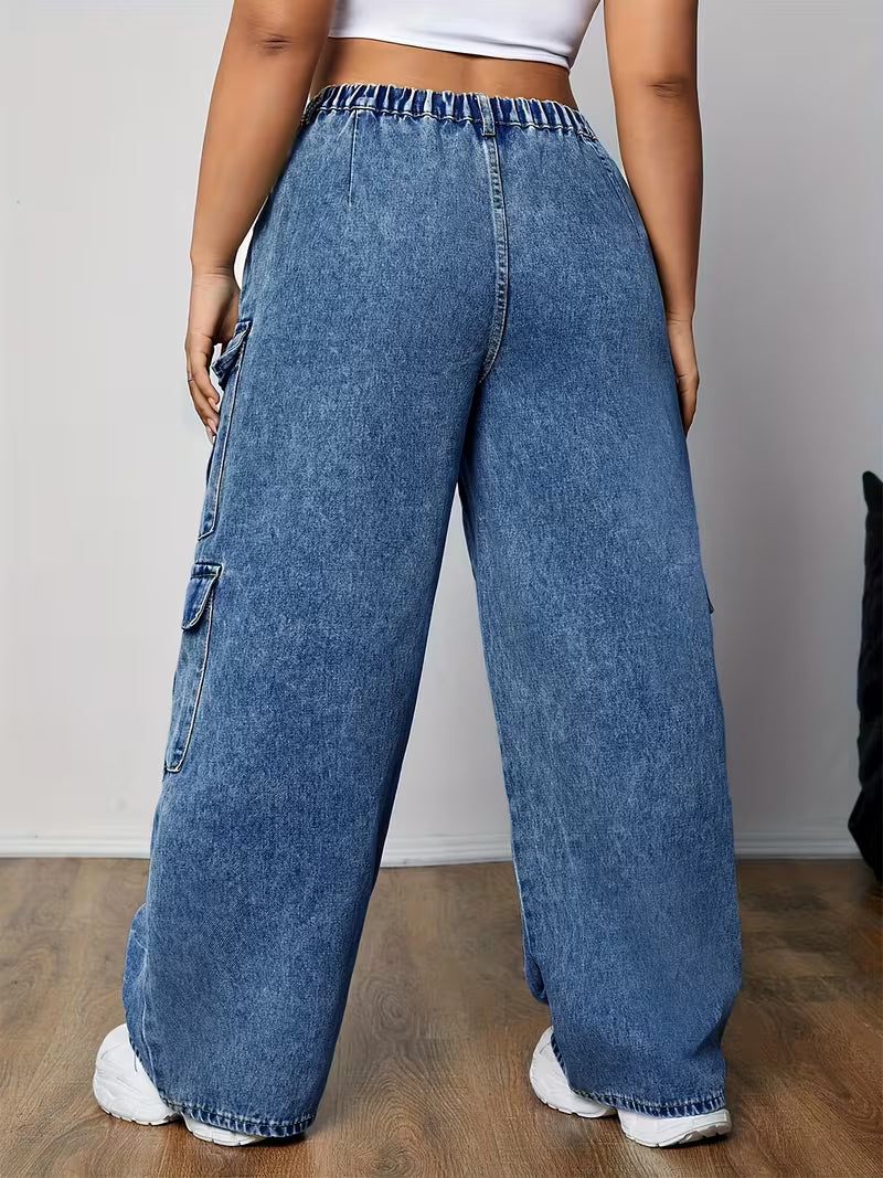 Pantalones cargo de mezclilla azules para mujer, tallas grandes