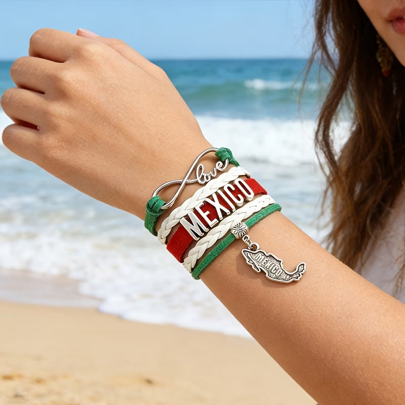 Pulsera México Love Infinity | Cuero Trenzado Verde Blanco Rojo | Dije Mapa México | Unisex