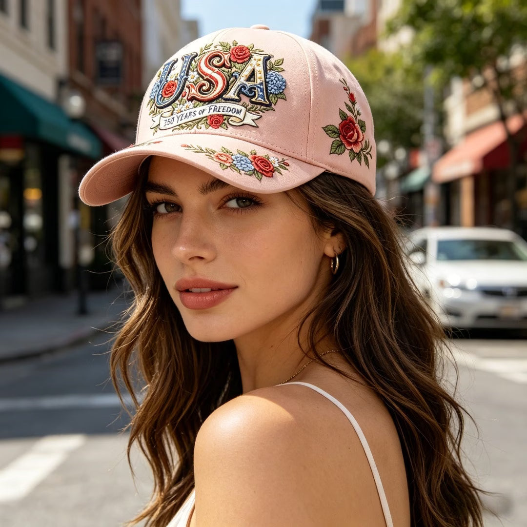 Gorra Floral USA 🌹 | 250 Years of Freedom | Rosa Patriótica | 4 de Julio | Unisex