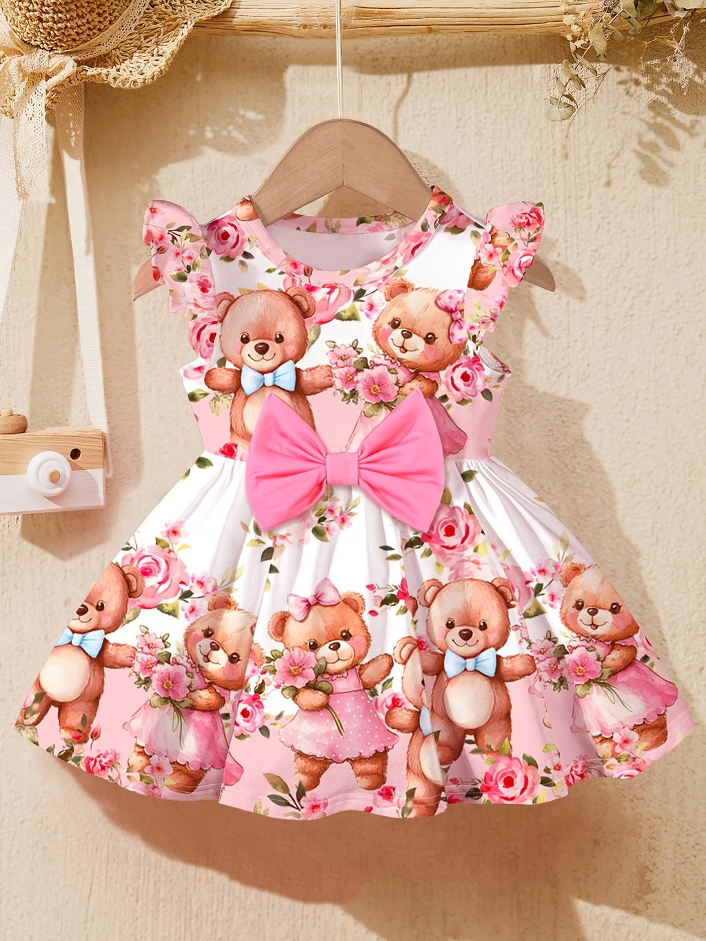 Vestido de Bebé con Ositos y Flores | Lazo Rosa | Sin Mangas | Tallas 0 a 3 Años