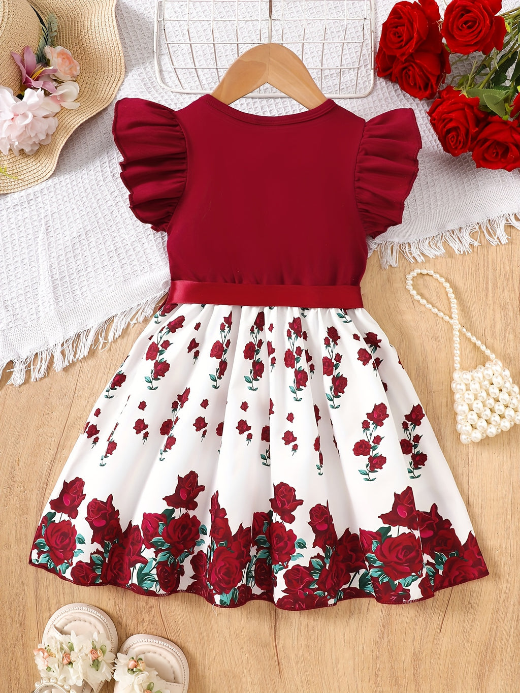 Vestido Midi de Rosas para Niña | Cuerpo Borgoña, Falda Floral, Lazito en Cintura | Tallas 1-2 a 7-8 Años