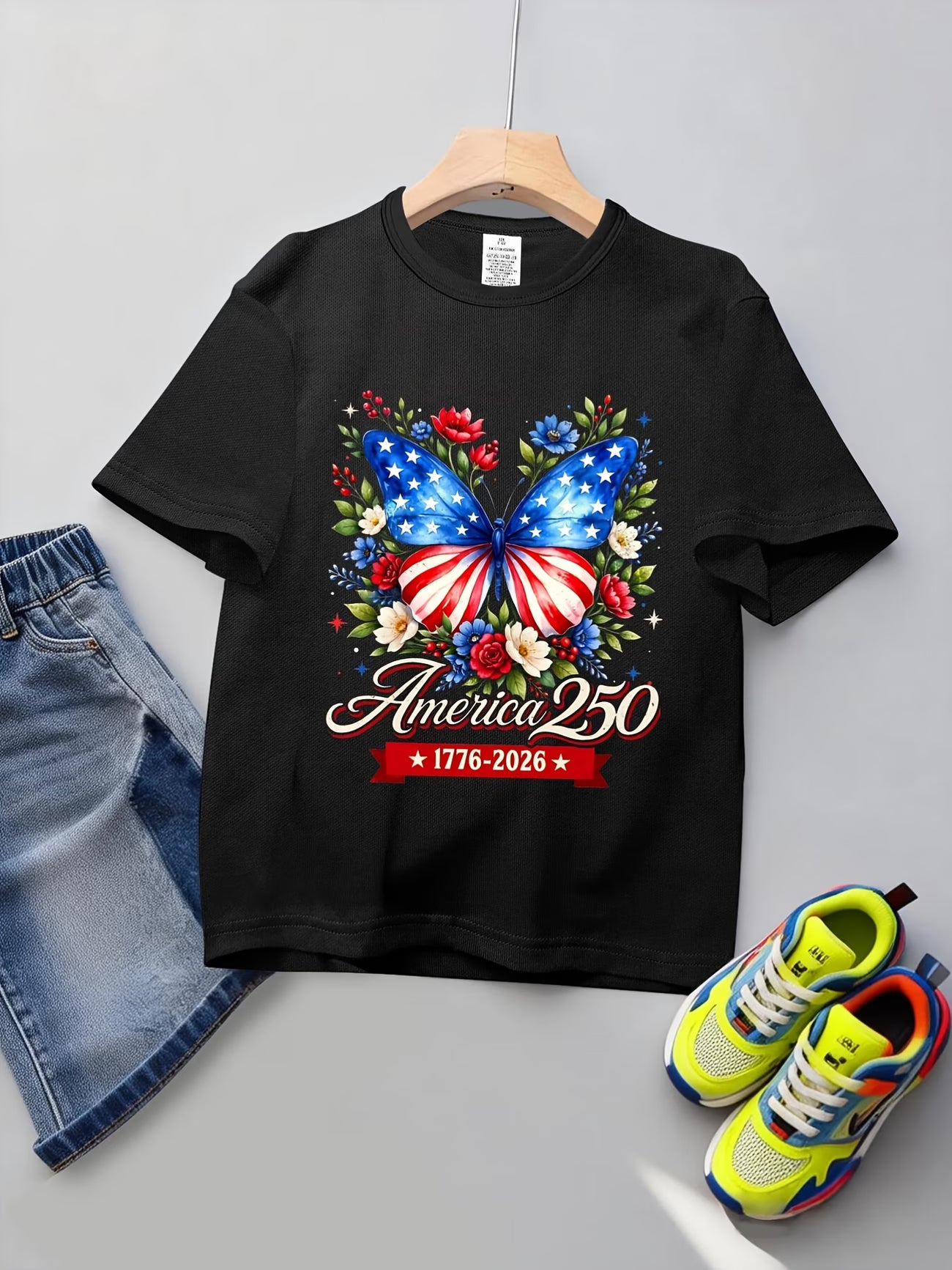 Camiseta Niños y Niñas | Mariposa Patriótica 250 Años USA 🦋🇺🇸 | Tallas 3 a 14 Años | 7 Colores