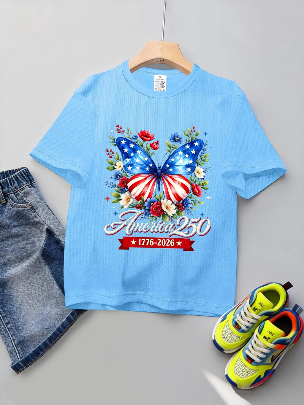 Camiseta Niños y Niñas | Mariposa Patriótica 250 Años USA 🦋🇺🇸 | Tallas 3 a 14 Años | 7 Colores