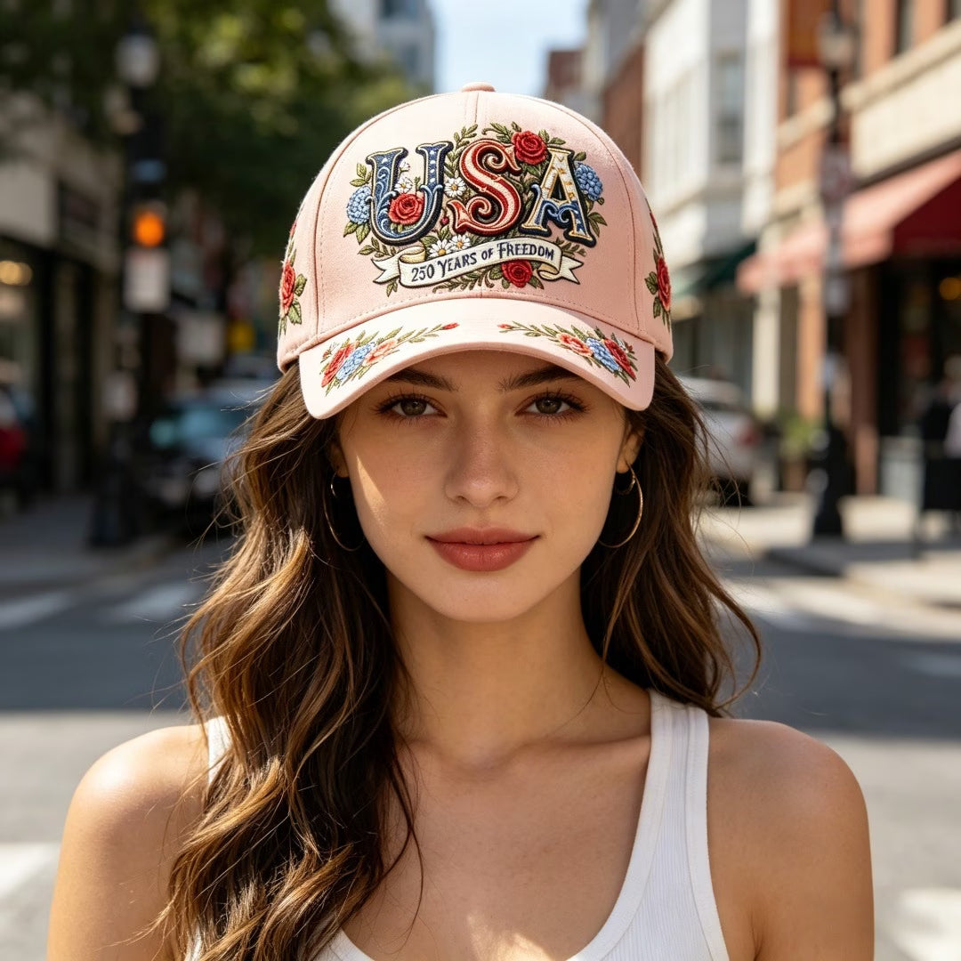 Gorra Floral USA 🌹 | 250 Years of Freedom | Rosa Patriótica | 4 de Julio | Unisex