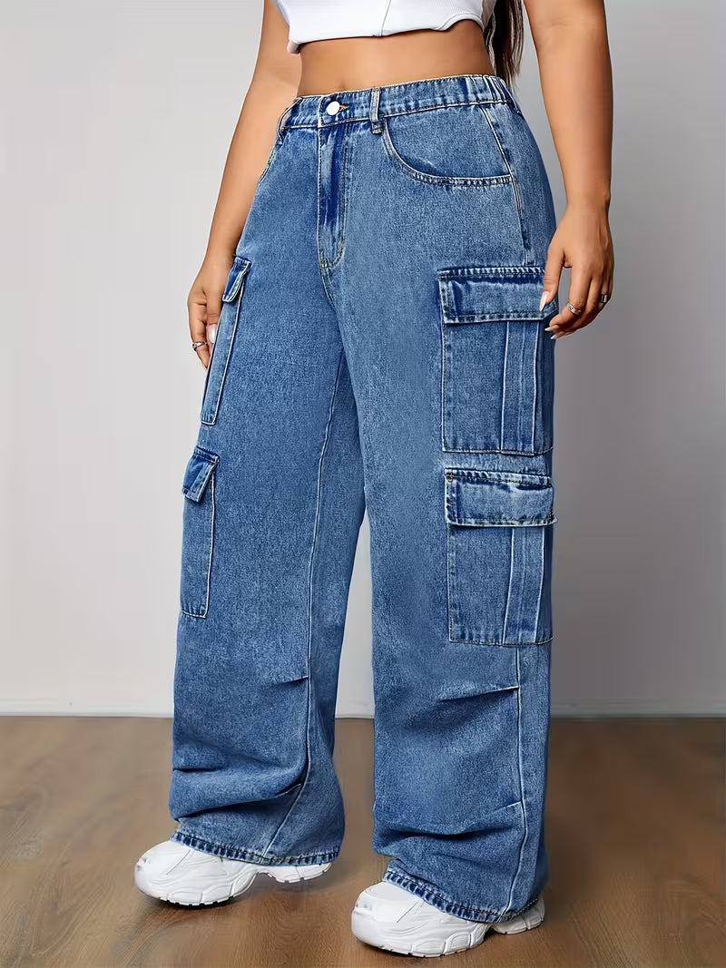 Pantalones cargo de mezclilla azules para mujer, tallas grandes