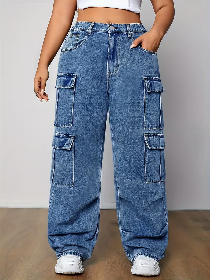 Pantalones cargo de mezclilla azules para mujer, tallas grandes