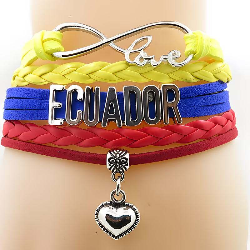 Pulsera Ecuador | Cuero Trenzado Amarillo Azul Rojo | Dije Corazón | Unisex