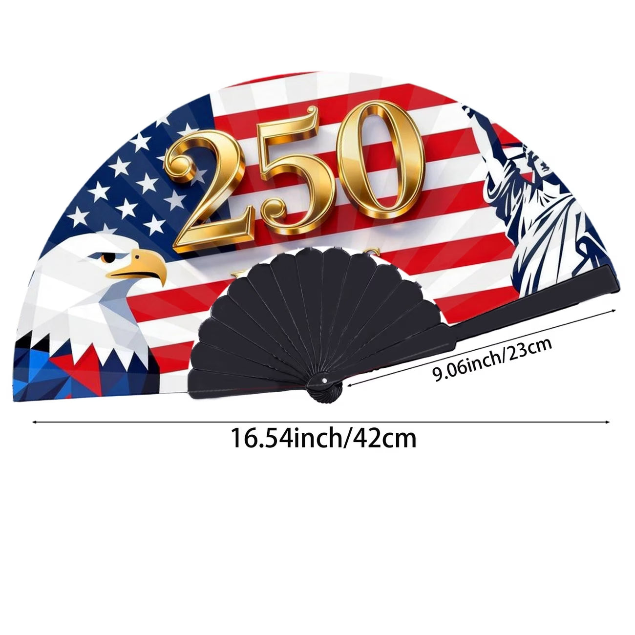 Abanico plegable de 250 aniversario de EE. UU. 1776-2026, diseño patriótico con la Estatua de la Libertad y el Águila Americana