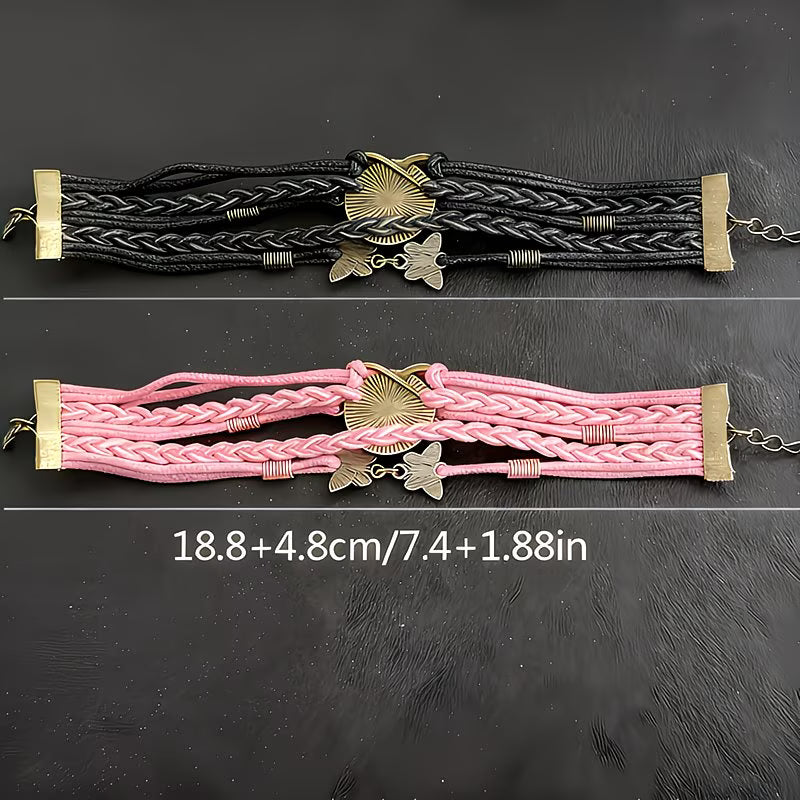 Set 2 Pulseras Uruguay Republic | Cuero Trenzado y Dije Bandera | Negro y Rosa | Unisex