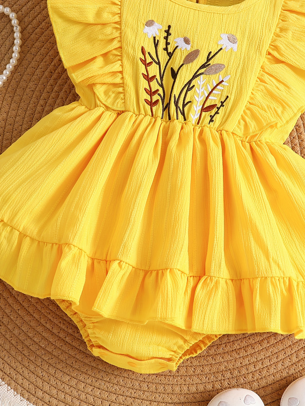 Vestido Romper Amarillo para Bebé | Bordado de Flores, Volantes y Diadema | Tallas 1-3M a 12-18M