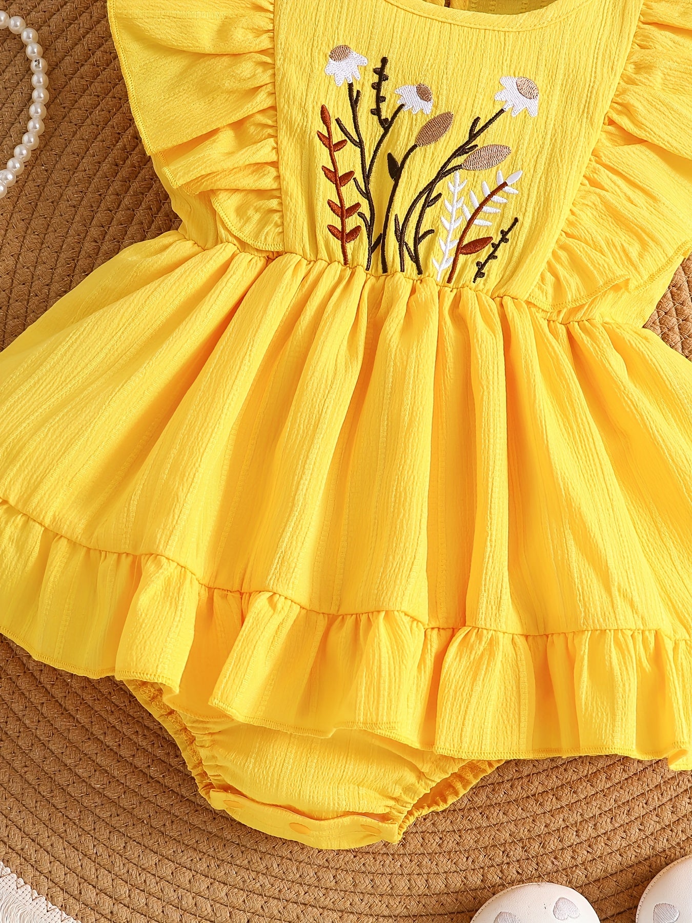 Vestido Romper Amarillo para Bebé | Bordado de Flores, Volantes y Diadema | Tallas 1-3M a 12-18M
