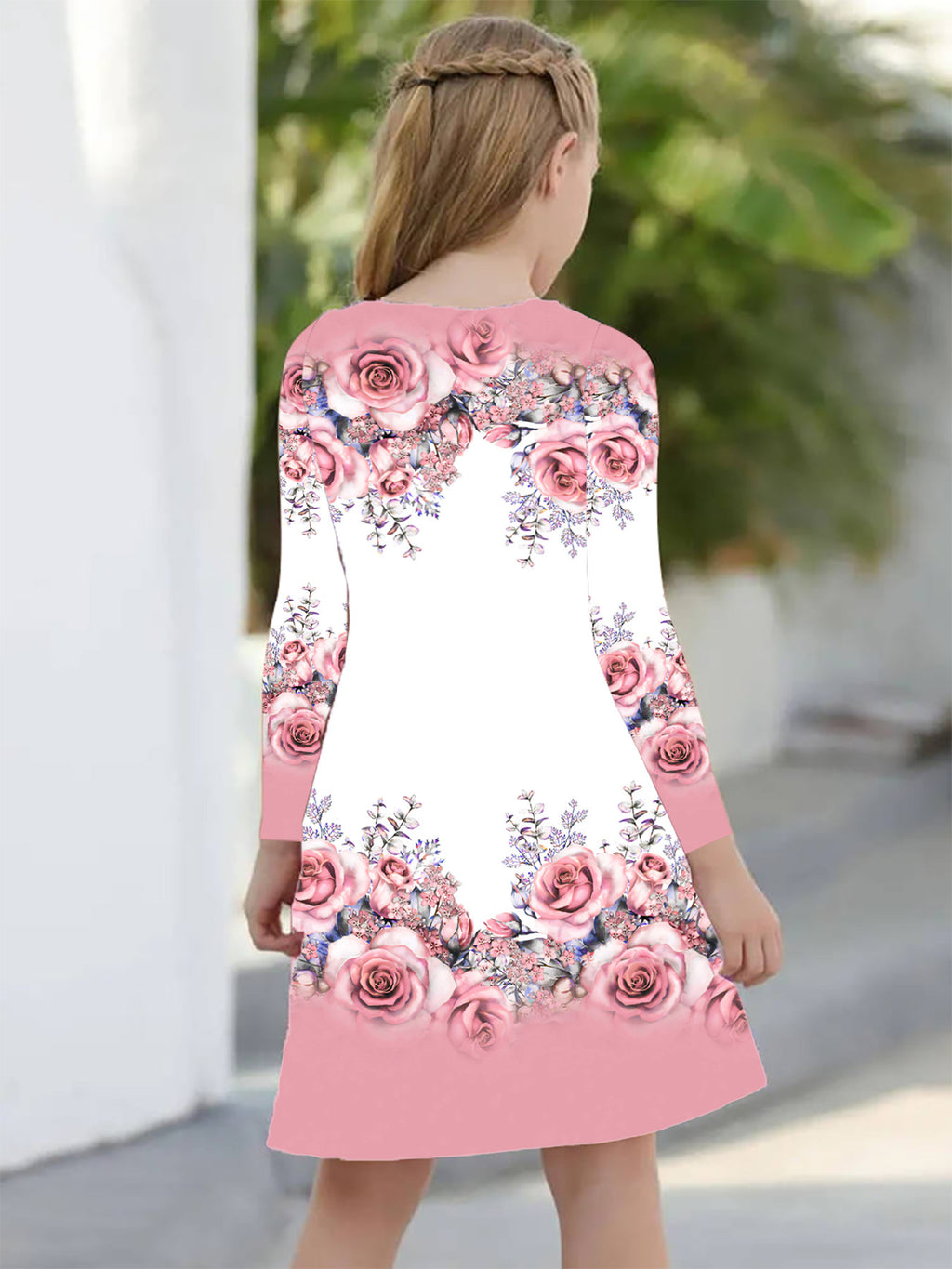Vestido de Rosas Rosadas para Niña | Falda Giratoria, Mangas Largas, Estampado Floral | Tallas 5-6 a 13-14 Años