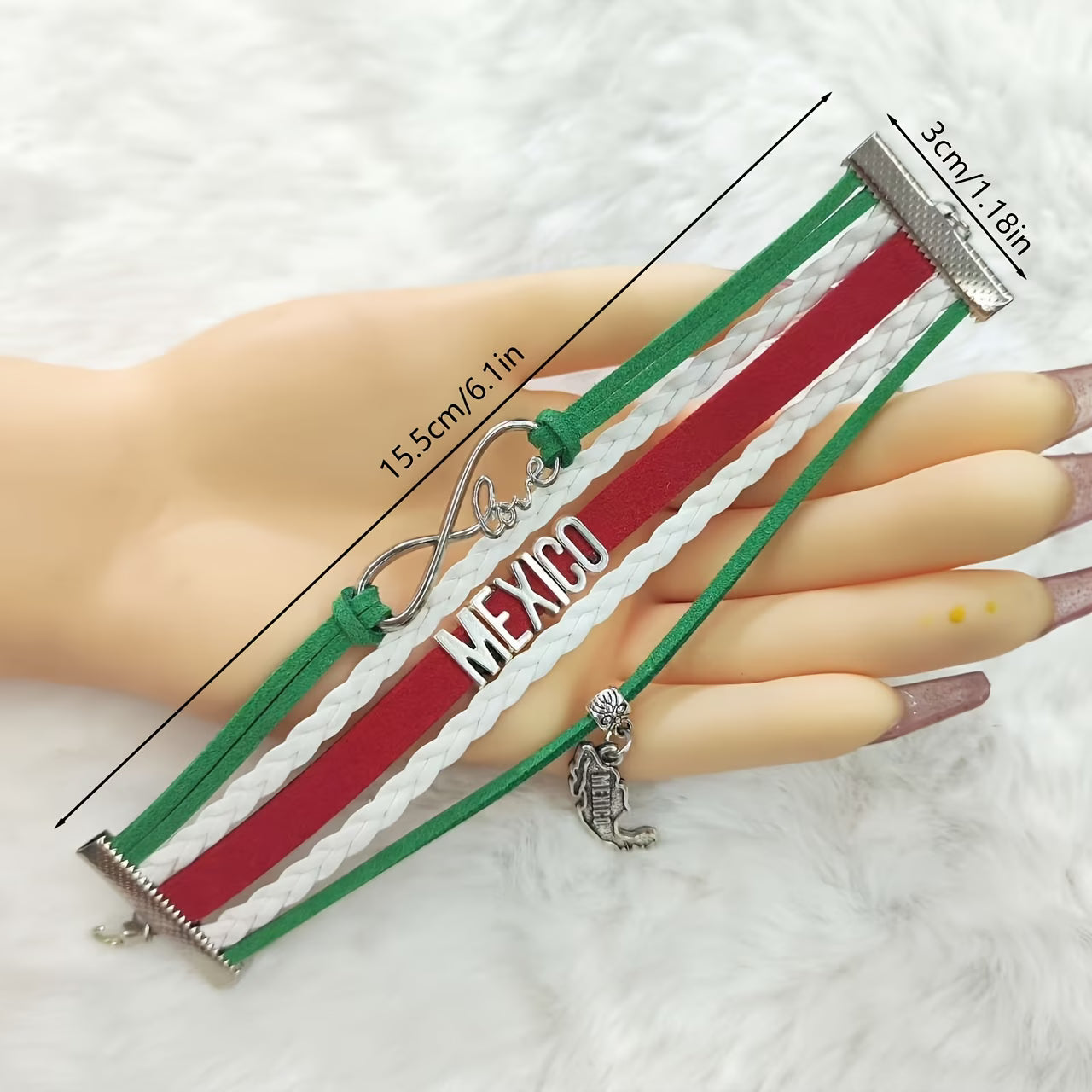 Pulsera México Love Infinity | Cuero Trenzado Verde Blanco Rojo | Dije Mapa México | Unisex