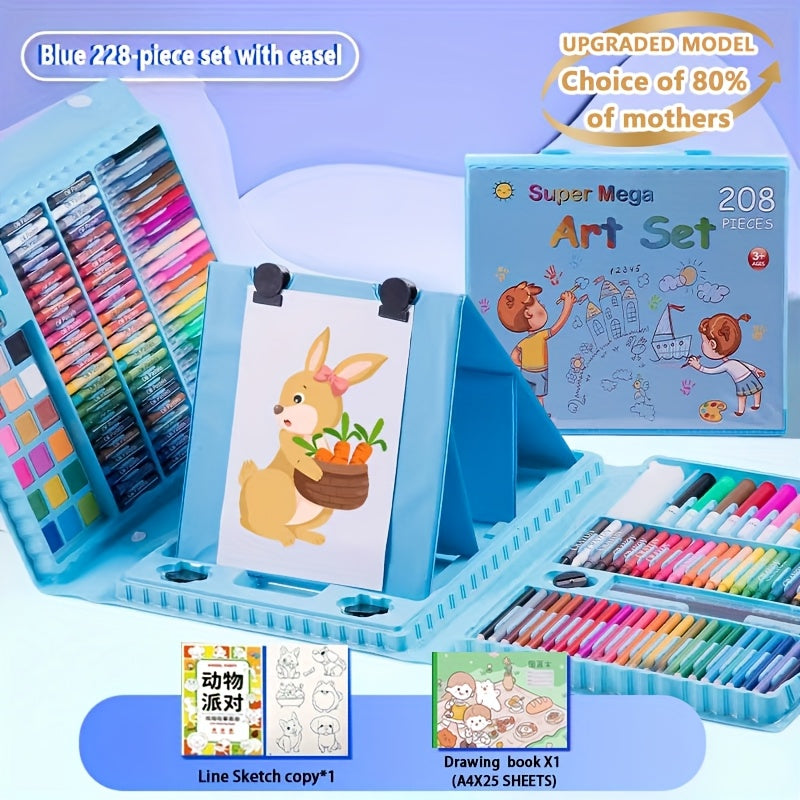 Set de Arte 228 Piezas 🎨 | Kit Completo de Pintura para Niños | Rosa y Azul | Con Estuche