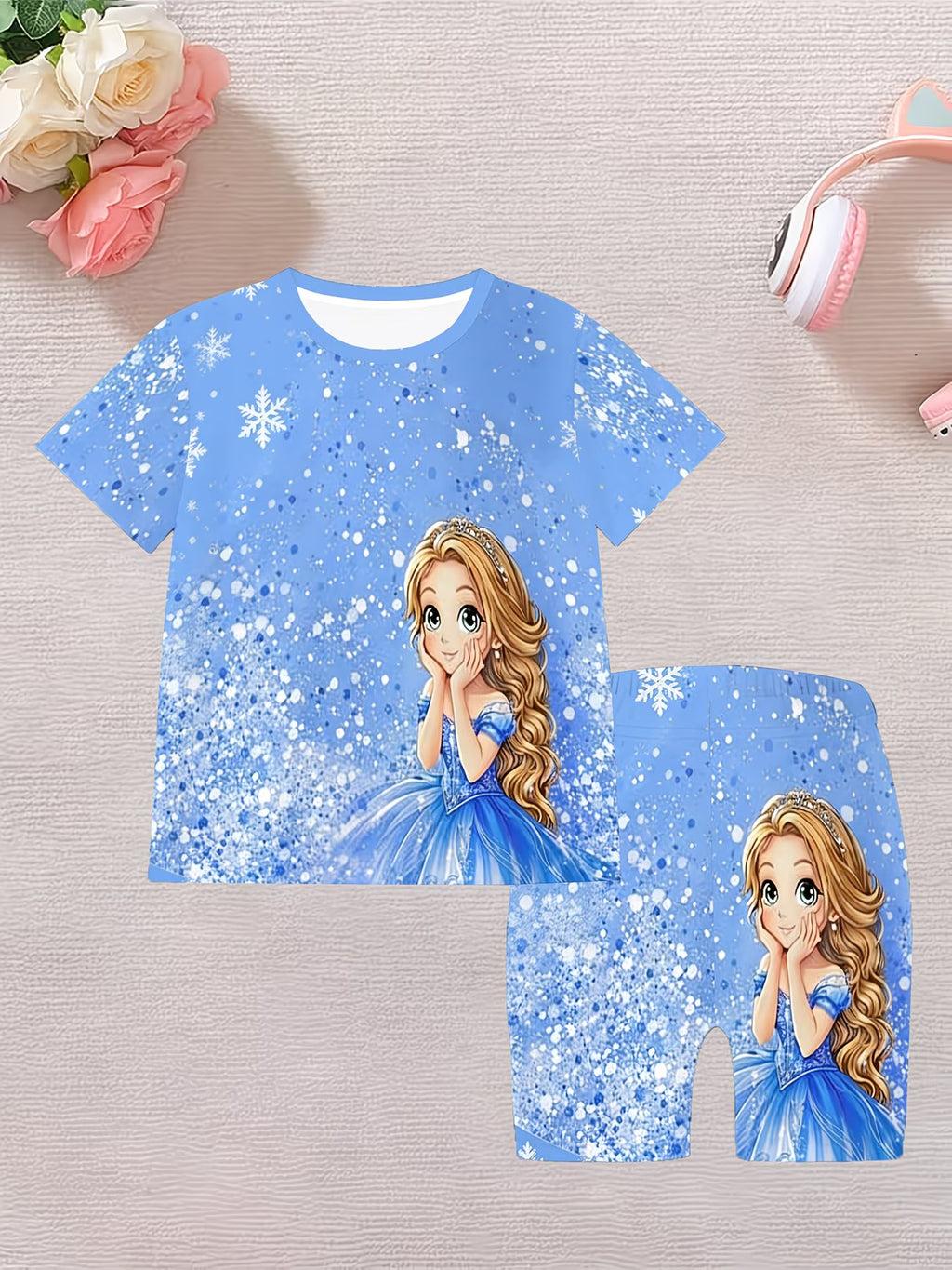 Conjunto de Camiseta y Shorts para Niña | Estampado 3D Princesa Azul | Tallas 1-2 a 13-14 Años