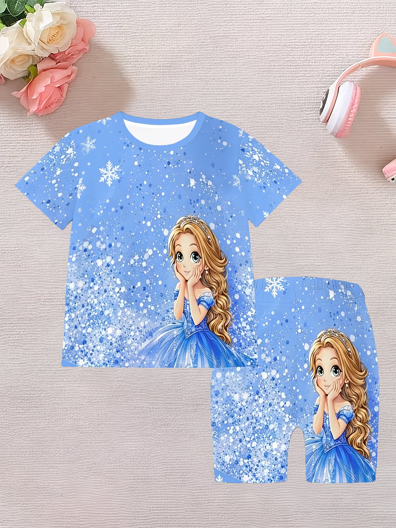 Conjunto de Camiseta y Shorts para Niña | Estampado 3D Princesa Azul | Tallas 1-2 a 13-14 Años