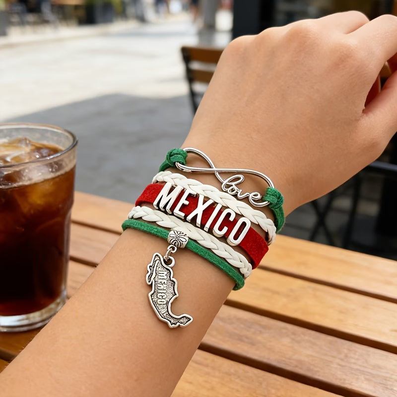 Pulsera México Love Infinity | Cuero Trenzado Verde Blanco Rojo | Dije Mapa México | Unisex
