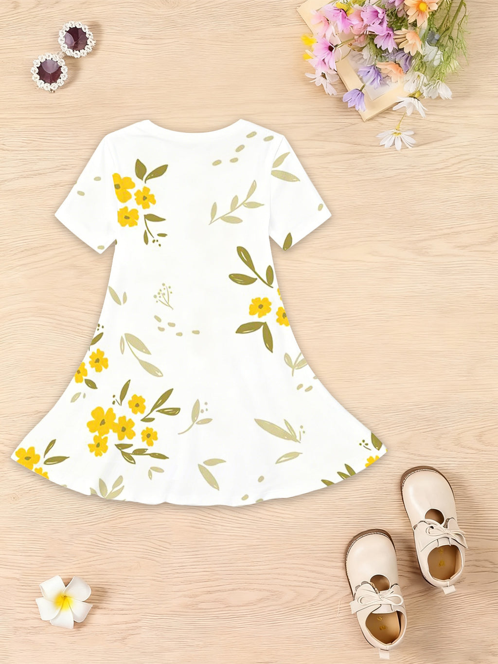 Vestido de Verano con Conejito 3D para Niña | Flores Amarillas, Manga Corta, Falda Acampanada | Tallas 3-4 a 11-12 Años
