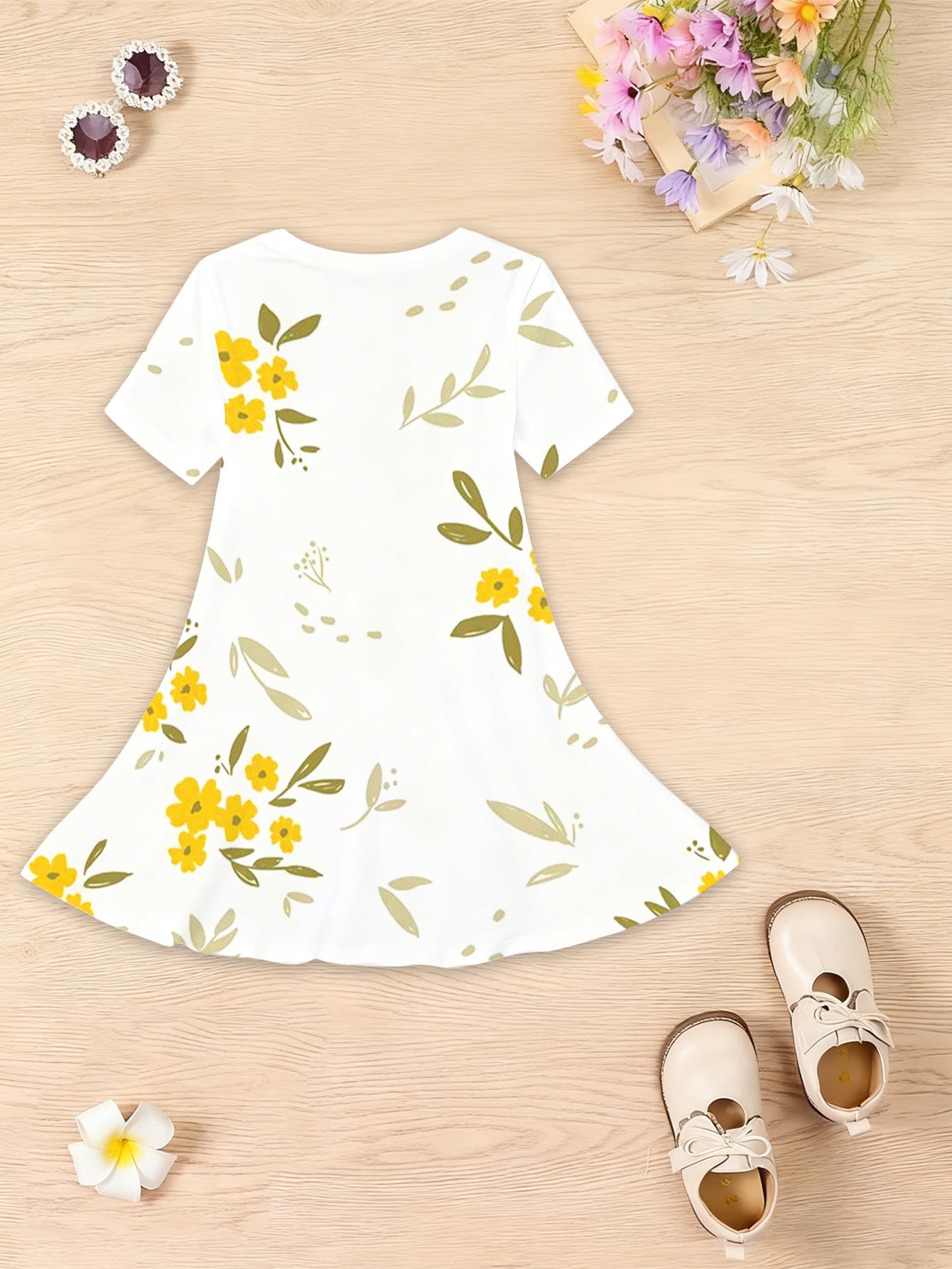 Vestido de Verano con Conejito 3D para Niña | Flores Amarillas, Manga Corta, Falda Acampanada | Tallas 3-4 a 11-12 Años