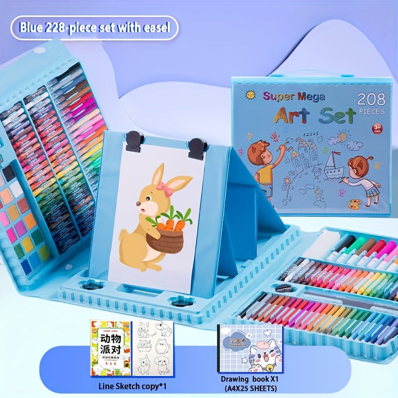 Set de Arte 228 Piezas 🎨 | Kit Completo de Pintura para Niños | Rosa y Azul | Con Estuche