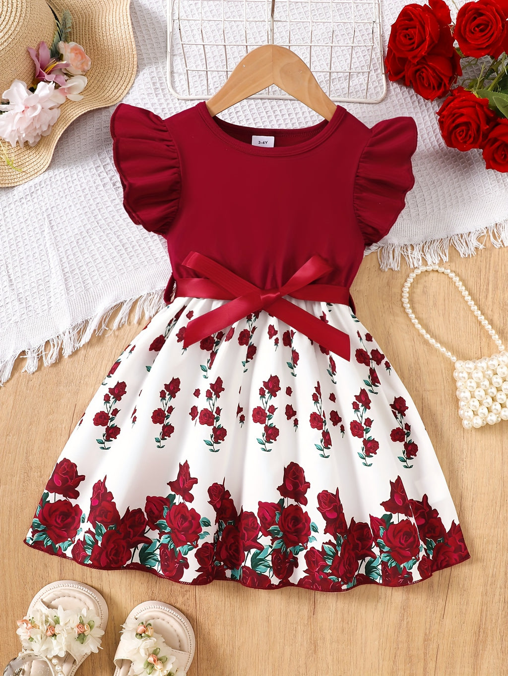 Vestido Midi de Rosas para Niña | Cuerpo Borgoña, Falda Floral, Lazito en Cintura | Tallas 1-2 a 7-8 Años