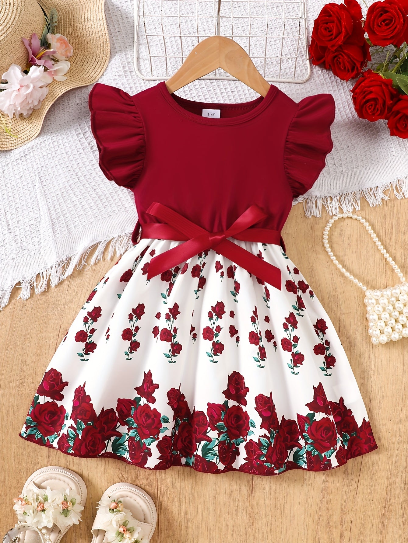 Vestido Midi de Rosas para Niña | Cuerpo Borgoña, Falda Floral, Lazito en Cintura | Tallas 1-2 a 7-8 Años