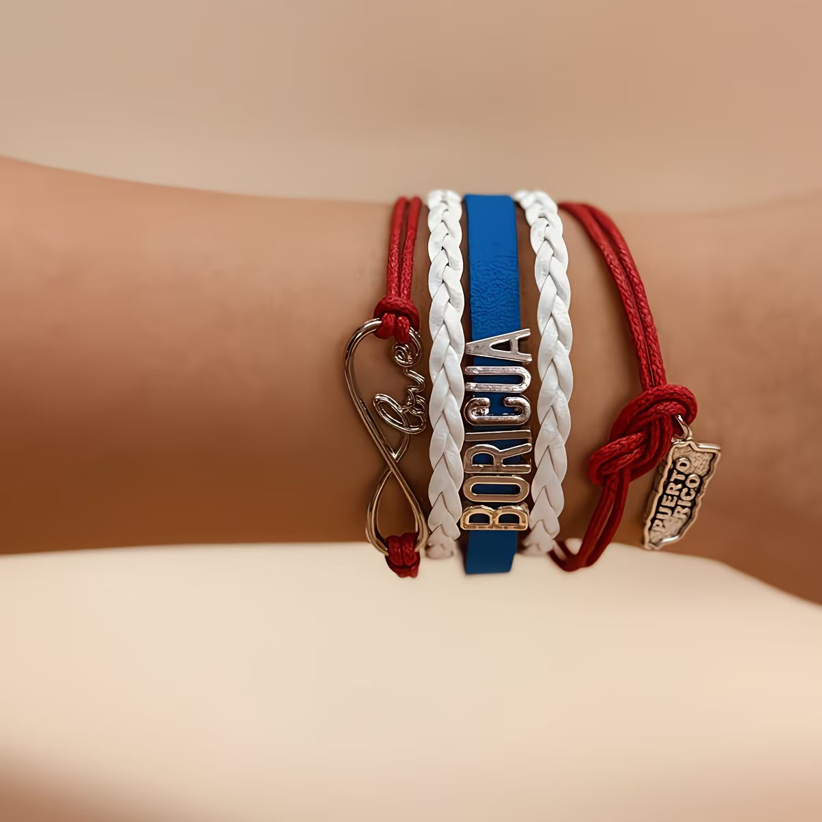 Pulsera Boricua Puerto Rico | Mapa y Corazón | Cuero Trenzado Rojo Blanco Azul | Unisex