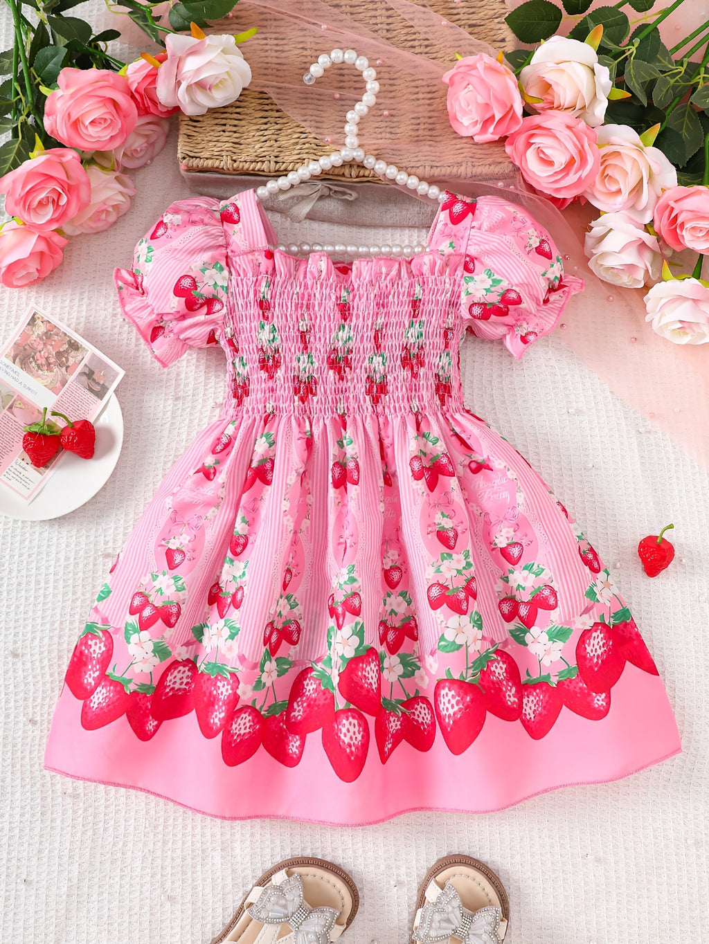Vestido de Fresas para Niña | Rosa, Manga Burbuja, Tela Suave Arrugada | Uso Casual y Exterior