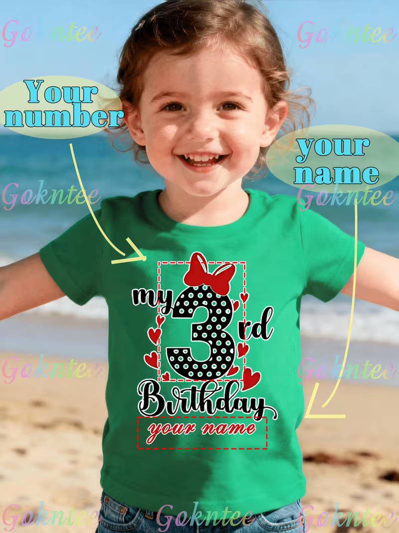 Camiseta de cumpleaños infantil de color verde ,personalizable ,(se  le puede poner el dia del cumpleaños y el nombre del que cumple),   hay  mas colores, negro,amarillo,  , blanco y rojo diseño Minnie Mouse - Soñando en Azu