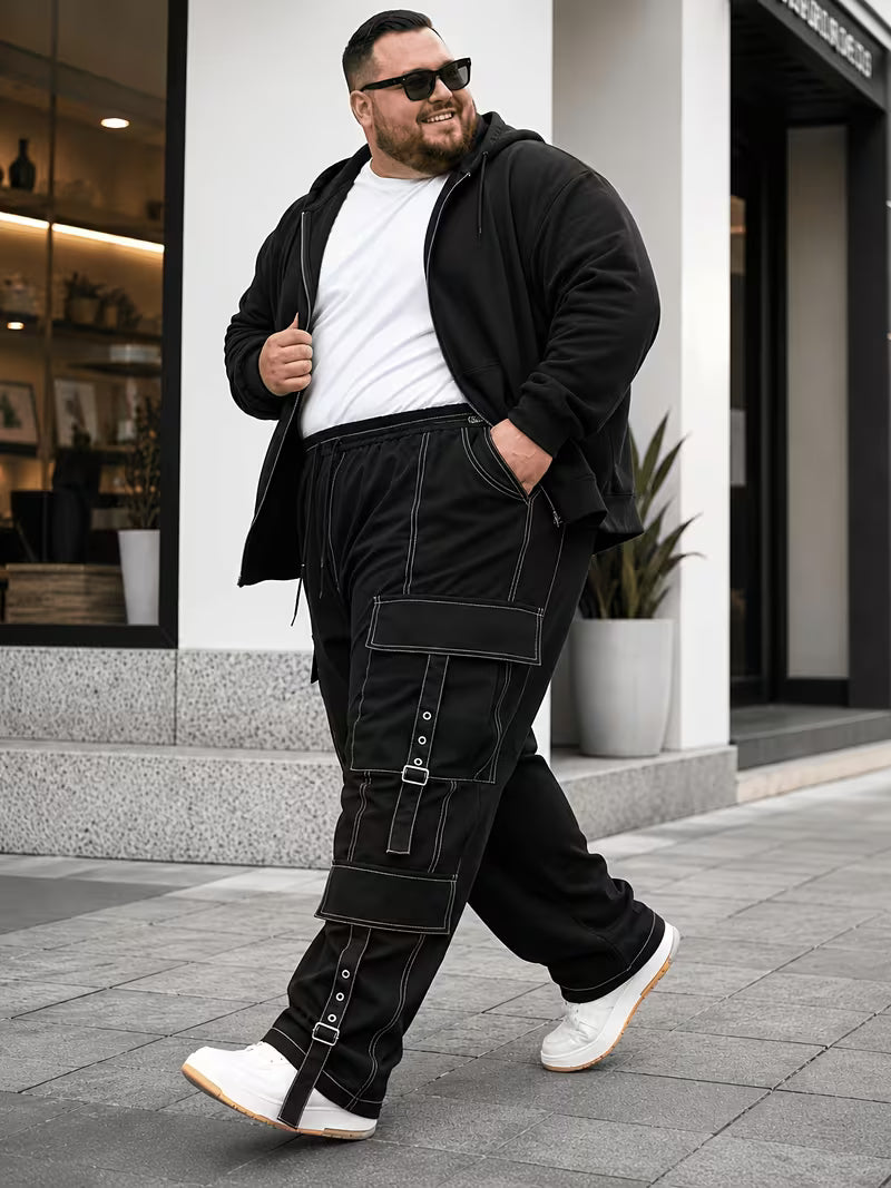 Pantalón cargo negro para hombre en tallas grandes, vista lateral»