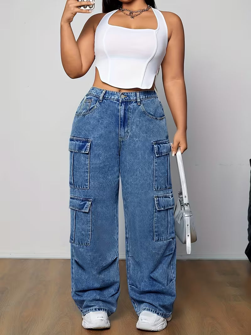 Pantalones cargo de mezclilla azules para mujer, tallas grandes