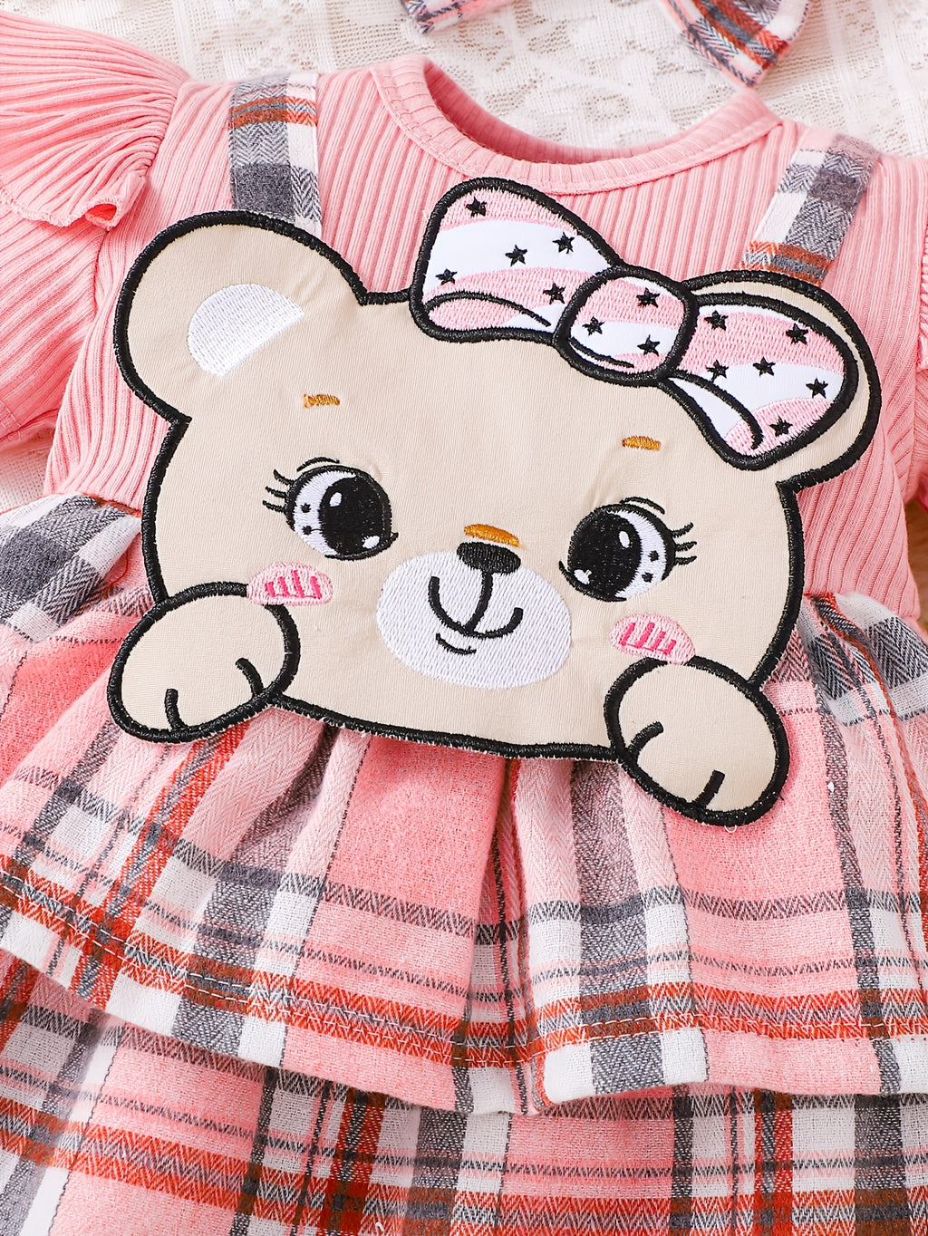 Vestido Romper Rosa para Bebé Niña con Diadema — Diseño Osito Tierno, Tallas 1-3M a 12-18M