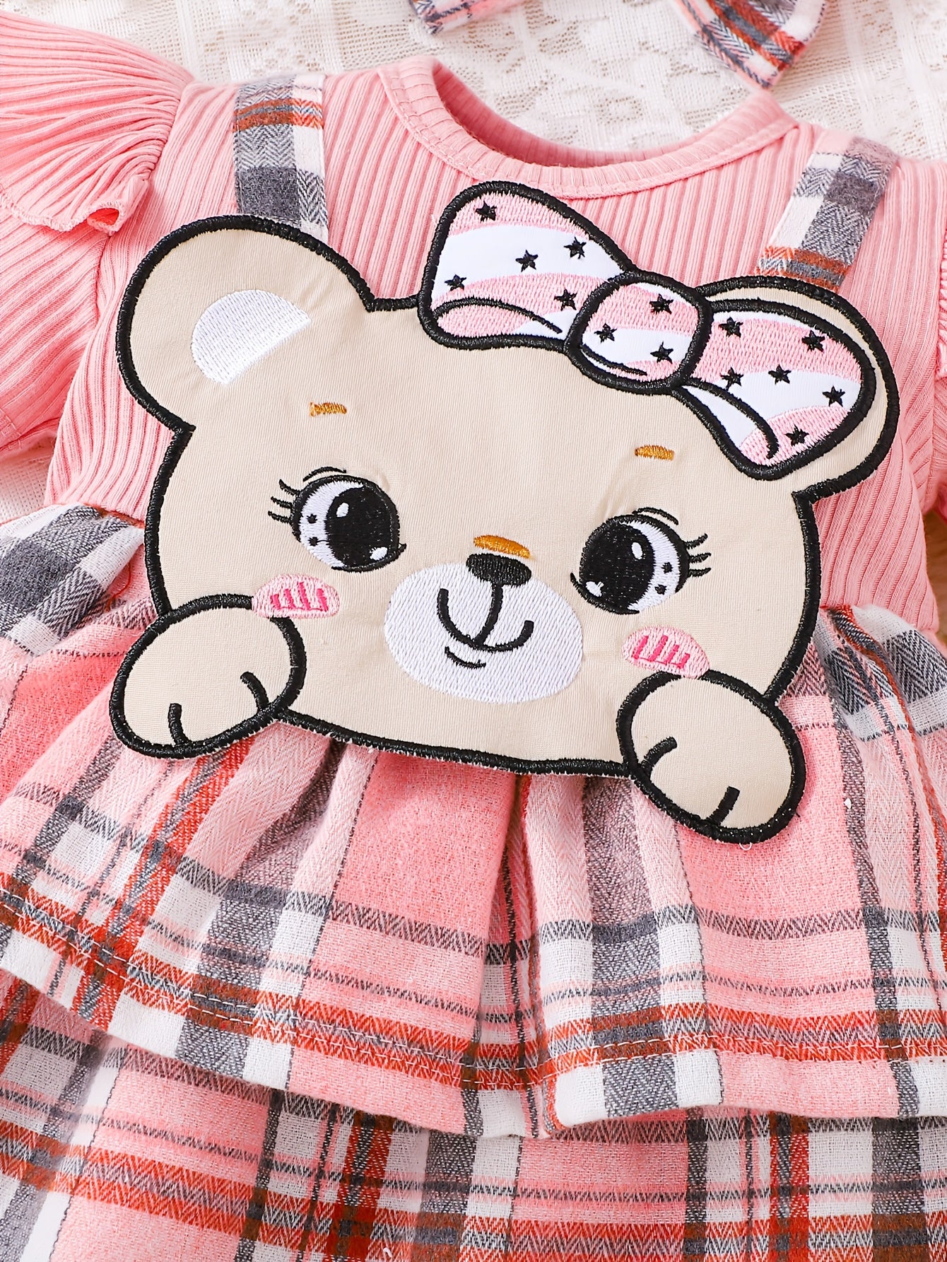 Vestido Romper Rosa para Bebé Niña con Diadema — Diseño Osito Tierno, Tallas 1-3M a 12-18M