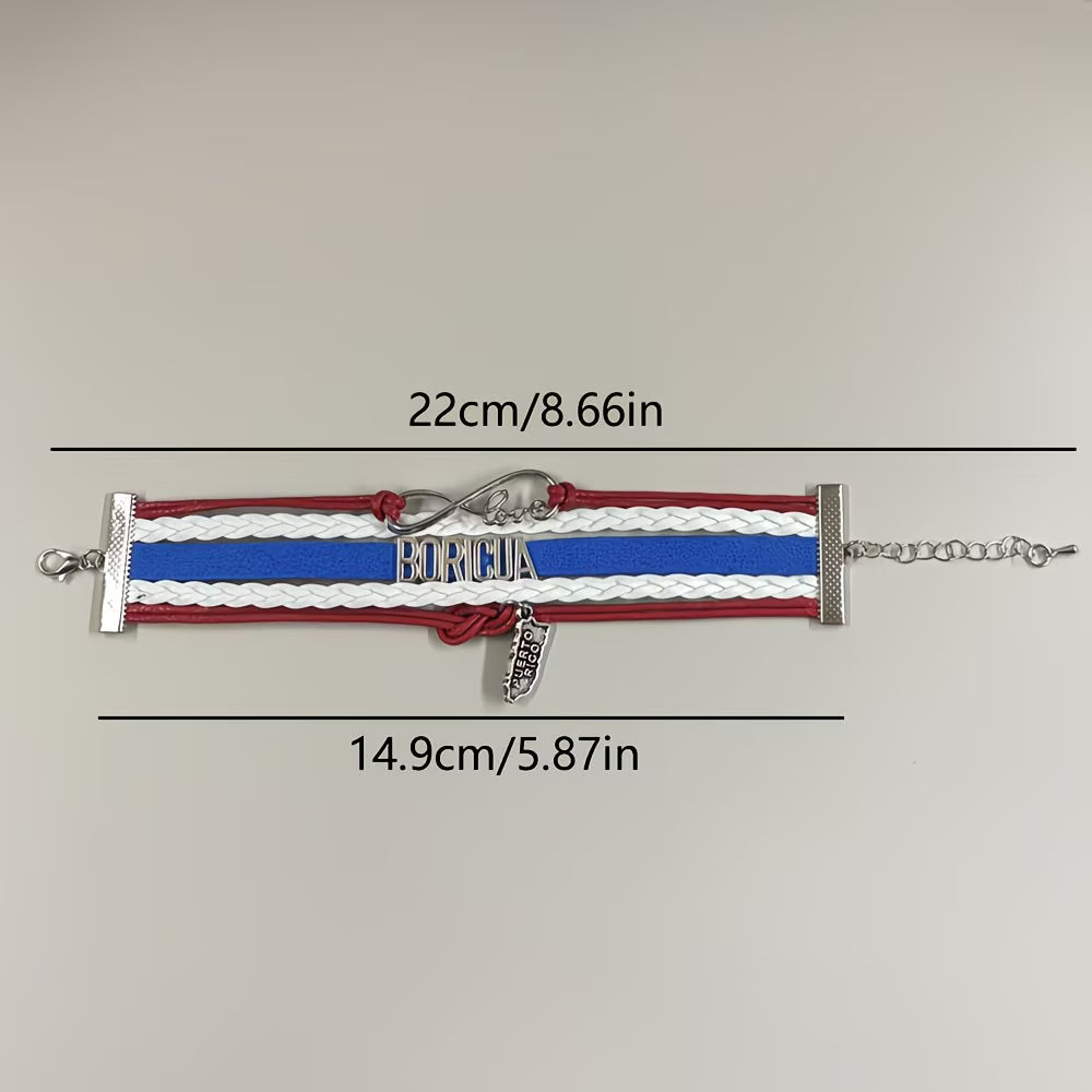 Pulsera Boricua Puerto Rico | Mapa y Corazón | Cuero Trenzado Rojo Blanco Azul | Unisex