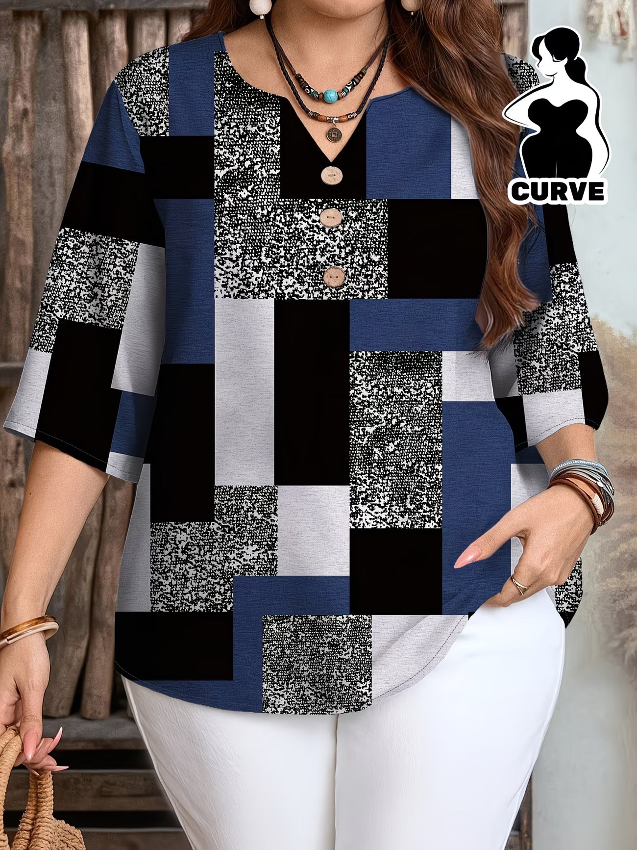 Blusa Plus Size para Mujer | Estampado Geométrico, Manga 3/4, Cuello en V | Tallas 1XL a 5XL
