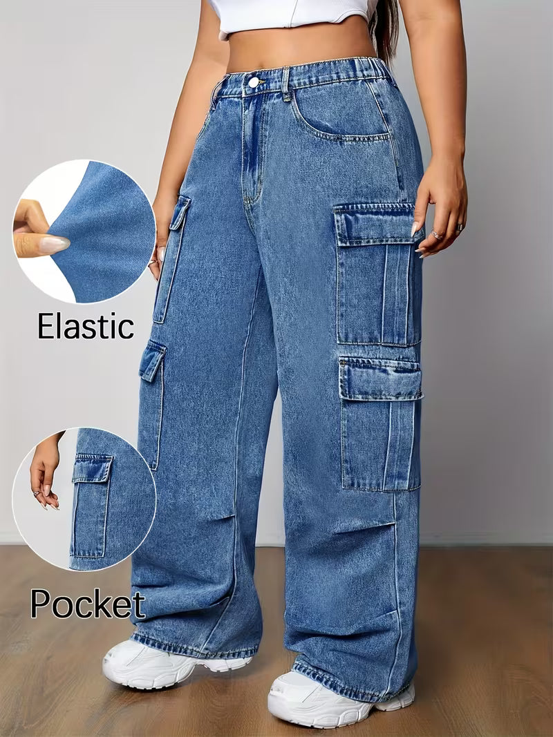 Pantalones cargo de mezclilla azules para mujer, tallas grandes