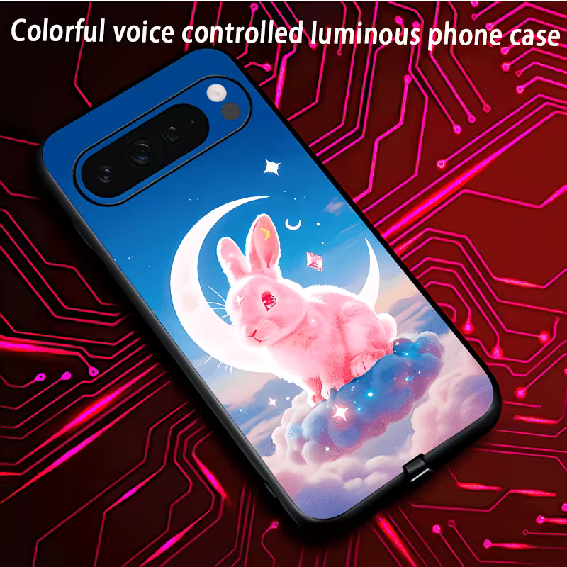 Funda luminosa Google Pixel con control de voz — conejo rosa con luna, funda colorida controlada por voz